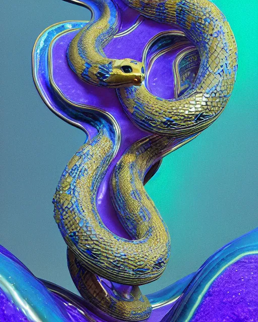 Image similar to a photo of a sculpture of a snake made from blue and emerald and amethyst crystal geode formations with liquid gold tendrils by jean pierre roy by stanisław szukalski by beeple, octane render, recursive, tendrils, tessellation, elestial crystals, geode, refracted light