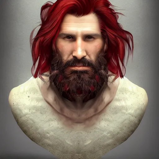 Image similar to portrait of a ruggedly handsome!!!!! male ship captain with long red hair!!!!!!, 30 years old, upper body, wavey hair, muscular, friendly, playful, D&D, hairworks, Unreal 4, fantasy, elegant, highly detailed, digital painting, hairworks, deviantart, artstation, concept art, sharp focus, dramatic lighting, illustration, art by Artgerm and Greg Rutkowski and Alphonse Mucha