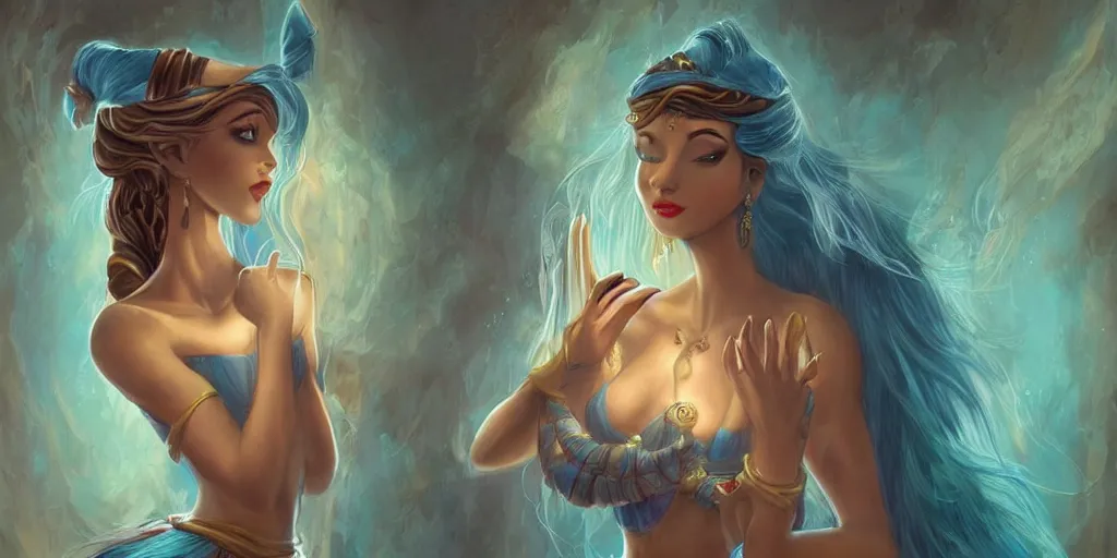 Prompt: beautiful genie girl, dancing in the palace room, beautiful elegant body, accurate body proportions, mysterious ambient lighting, digital art, fantasy vibes, style of disney