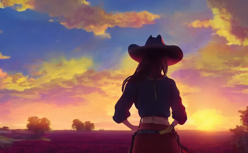 Image similar to a cowgirl watching the sunset peacefully over her farm, anime concept art, anime scenery, anime still, 4k