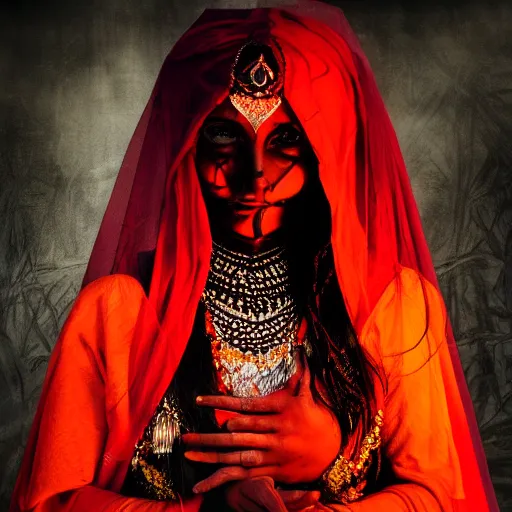 Image similar to beautiful Hindu lady of the dark with veil, in darkness, cover with blood, horror terrifying, soft light, surreal realistic, photorealistic, hyper details, full HD, 8k!