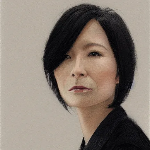 Image similar to Portrait of a woman by Greg Rutkowski, she is about 50 years old, japanese, black straight hair, attractive, elegant, airs of superiority, boss vibes, she is wearing white and black utilitarian jumpsuit, highly detailed portrait, scifi, digital painting, artstation, concept art, smooth, sharp foccus ilustration, Artstation HQ.