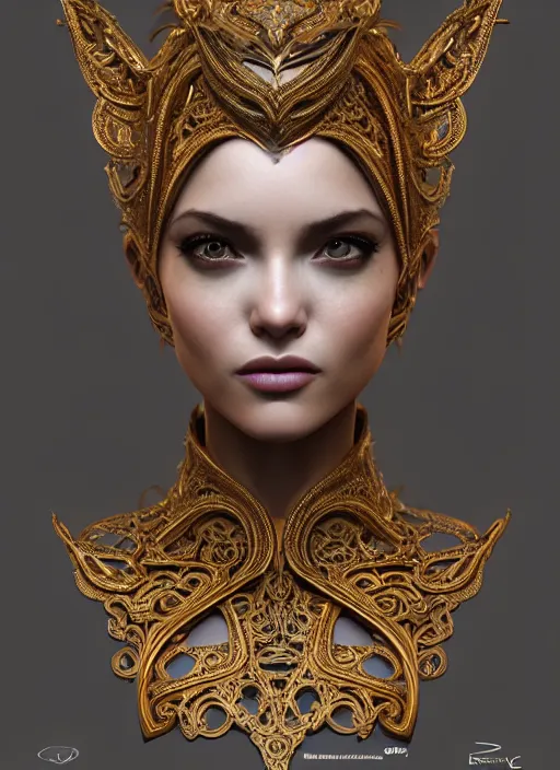 Prompt: a portrait of female in wearable sculpture art, ornate, metal works, intricate details, elegant, highly detailed, digital photography, artstation, glamor pose, concept art, smooth, sharp focus, art by artgerm and greg rutkowski, 3 d character, full body, film, photorealistic, unreal engine