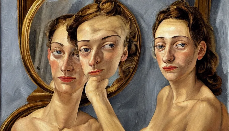 Prompt: painting by lucien freud, young woman in front of the mirror, detailed, stunning