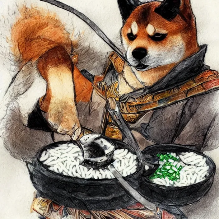 Image similar to a shiba-inu-samurai eating a bowl of rice, d&d concept art, incredible colors, heckin cool pupper