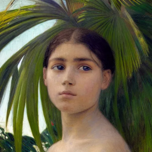 Image similar to a ultradetailed beautiful painting of a girl in the amazonas palace balustrade designed by jules bastien - lepage, tarsila do amaral, frank weston and gustave baumann, beach, trending on artstation, mediterranean, palm trees, hyper detailed face, sharp focus, soft light, 8 k 4 k