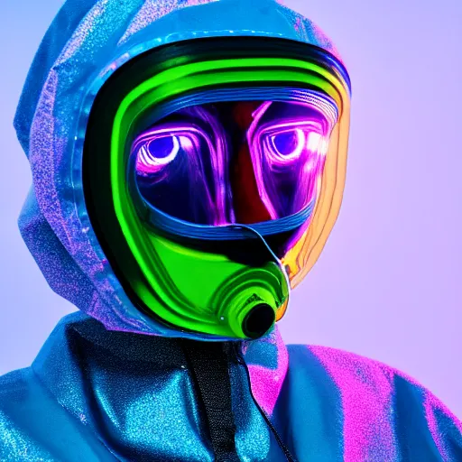 Prompt: an ultra high definition professional studio quality photograph of an artificially intelligent cyberpunk art influencer wearing a transparent iridescent pastel coloured face visor and matching squid based raincoat on white coat hook in a sheer icelandic black rock environment. dramatic lighting. volumetric shadows. light rays