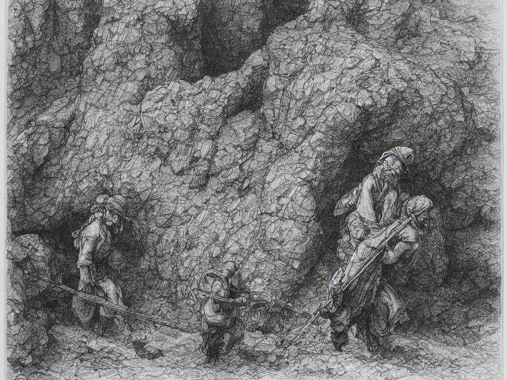 Image similar to Worker in the mines carrying stones. Ink painting by Gustave Dore, Albrecht Durer, Sebastiao Salgado