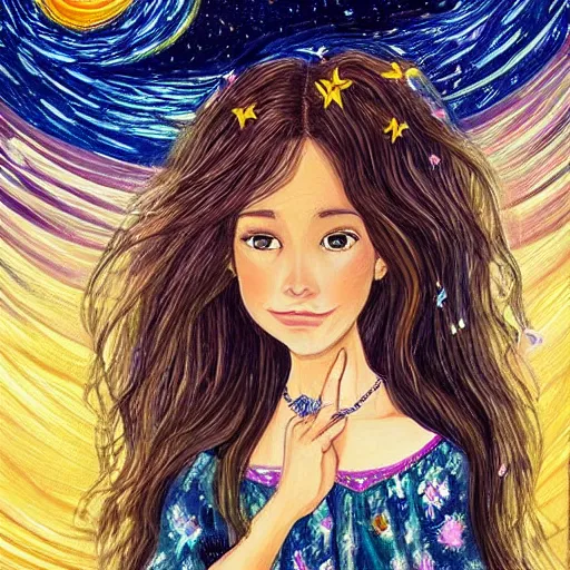 Image similar to A beautiful illustration of a woman with long flowing hair, wild animals, and a dark, starry night sky. Wanda Gág by Lilia Alvarado ornate