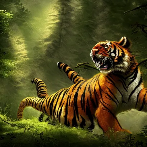 Prompt: a dragon and a tiger hybrid in the forest, dynamic lighting, photorealistic concept art, stunning visuals, creative, cinematic, ultra detailed, best detail