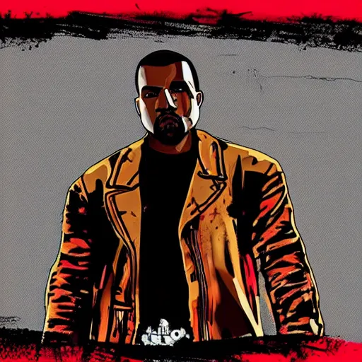 Image similar to kanye west in illustration red dead redemption 2 artwork of kanye west, in the style of red dead redemption 2 loading screen, by stephen bliss