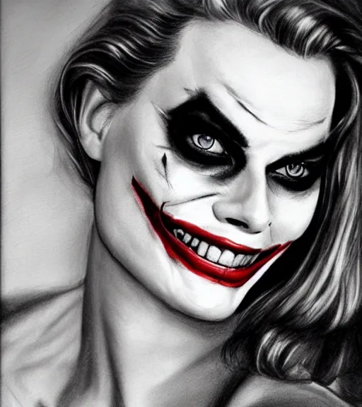 Image similar to margot robbie smiling portrait with joker makeup, black and white realism drawing, realistic face, beautiful eyes, highly detailed