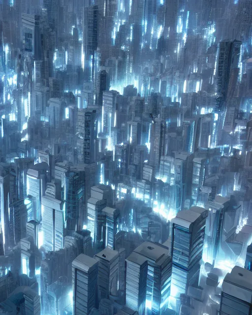 Image similar to utopian city, white buildings, by Leon Tukker, Makoto Kobayashi, synthetic light, blue trees, people on the streets, utopia, perfect, futuristic, 8k high detail, masterpiece, trending on ArtStation