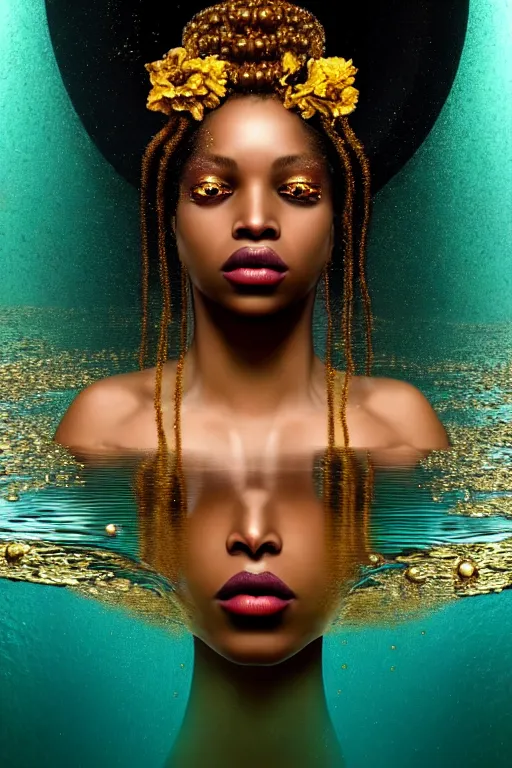 Image similar to hyperrealistic neo - rococo cinematic very expressive! black oshun goddess, open eyes, body in water, mirror dripping droplet!, gold flowers, highly detailed face, digital art masterpiece, smooth eric zener cam de leon dramatic pearlescent teal light, ground angle uhd 8 k, sharp focus