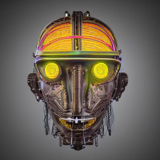 Image similar to portrait of a glossy claymodel of a steampunk aztec futuristic robot head, top of the head is covered with wires and multicolored glowing tubes, 8 k, front shot, symetrical, flourescent colors, halluzinogenic, multicolored, insanely detailed, 3 d render, octane