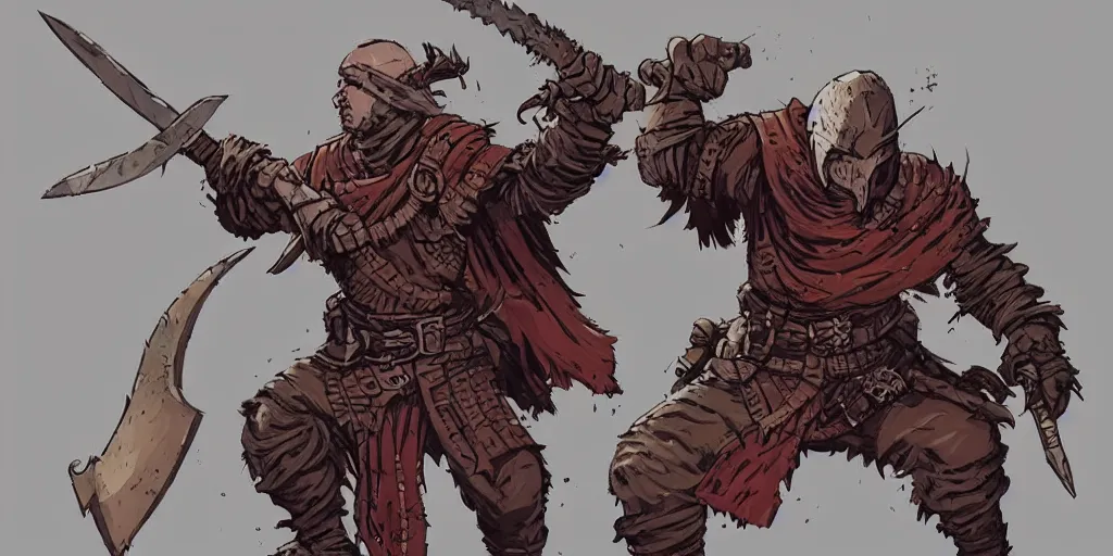 Prompt: warrior character design, idle, colored, sword, sprite, darkest dungeon, pc game, sideview, art by moebius and greg rutkowski.