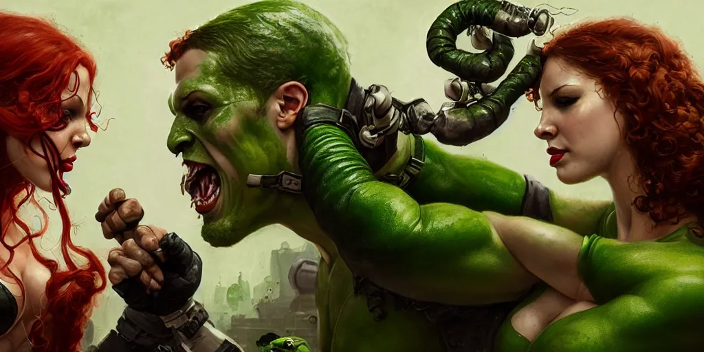 Image similar to poison ivy and Bane DC comics fighting, battle pose, illustration, realistic eyes, artstation, cinematic lighting, hyperdetailed, detailed realistic symmetrical eyes, cgsociety, 8k, high resolution, Charlie Bowater, Tom Bagshaw, Norman Rockwell, insanely detailed and intricate, sewer background