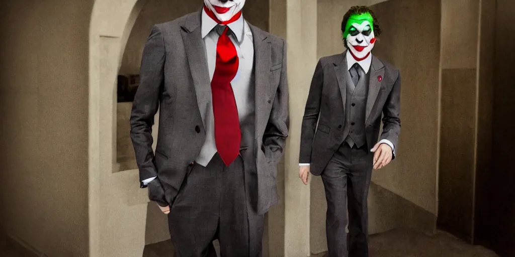 Image similar to joker wearing a suit style, photograph, grinning, creepy,