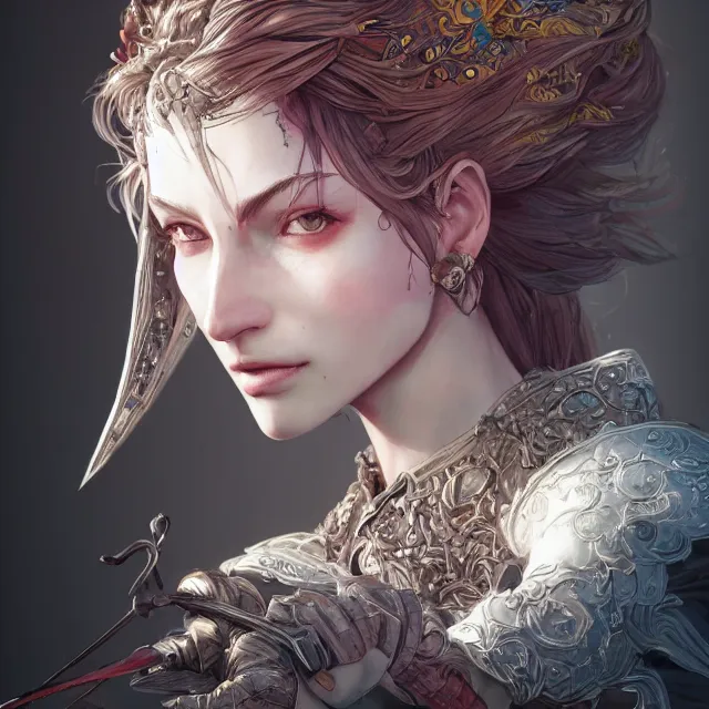 Image similar to the portrait of neutral evil fallen female knight vagabond as absurdly beautiful, gorgeous, elegant, sophisticated, woman, an ultrafine hyperdetailed illustration by kim jung gi, irakli nadar, intricate linework, bright colors, octopath traveler, final fantasy, unreal engine 5 highly rendered, global illumination, radiant light, detailed and intricate environment