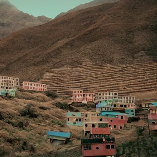 Prompt: cinematic shot from a wes anderson film showing a village in the andes