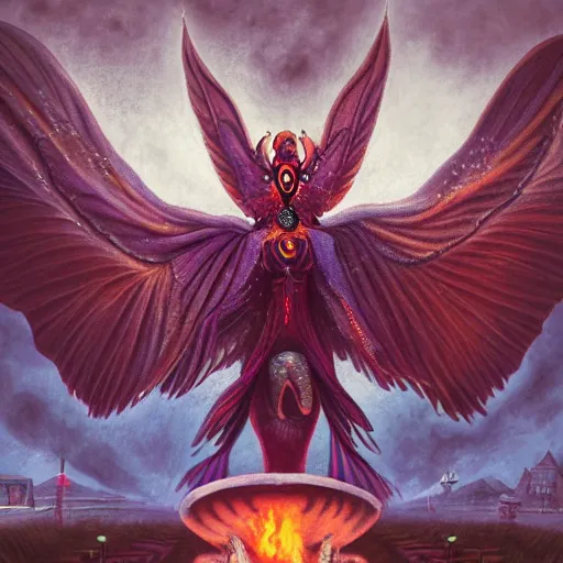 Image similar to A centered chest up portrait of a psychedelic godlike mothman with giant mandala wings smoking a hand-rolled cigarette smoking heavily , magic mushroom village in background , award winning. superb resolution. in the art style of junji Ito and greg rutkowski . Detailed Mushroom city in background. Hyper realistic anime. Perfect art. Dalle2