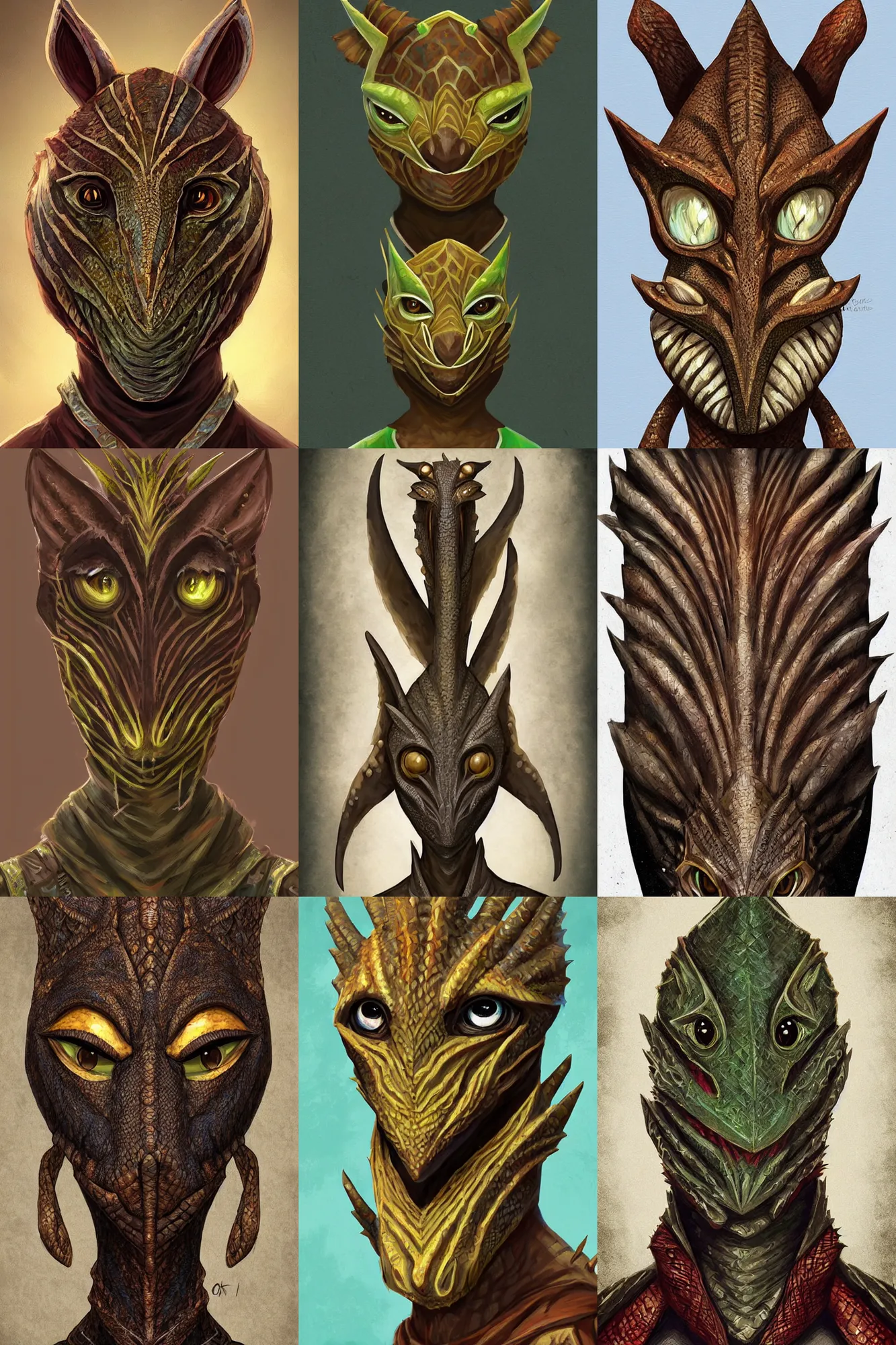 Prompt: african argonian! symmetrical portrait epic fantasy beautiful anthropomorphic sentient creature cute elegant digital painting by loish oriana menendez fiona staples alexandre chaudret west africa mask patterns style artstation