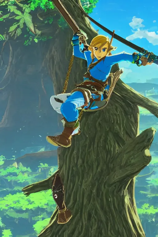 Image similar to in game footage of link from the legend of zelda breath of the wild climbing q tree, breath of the wild art style.