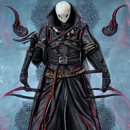 Prompt: Tarot Card of Male Victorian Gothic Ninja, hd, intricate, bloodborne, 8k, digital art