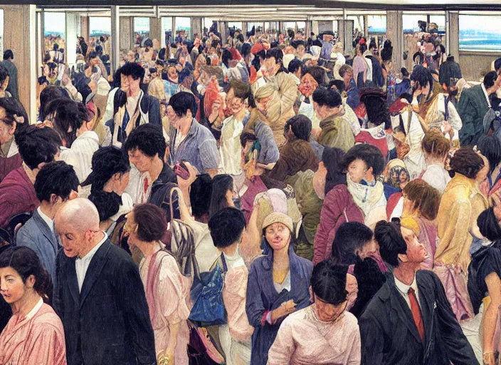 Image similar to people interior airport, crowd of people, portrait face, in the style of peter ferguson, frantisek kupka, intricate, miles johnston, kuroda seiki, cynical realism, ozabu, john william godward, painterly, yoshitaka amano, moebius, miles johnston, louise zhang, james jean