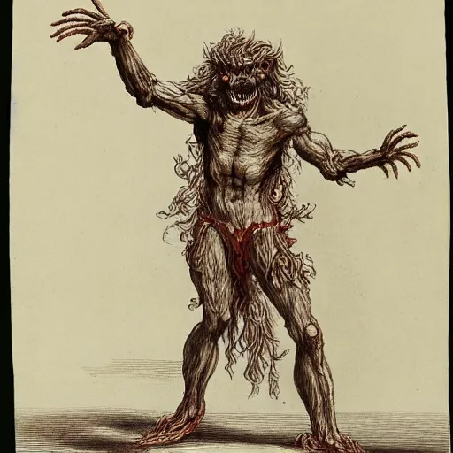 Image similar to a humanoid monster, scary, highly detailed, red, in the style of elisabeth vigee le brun