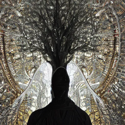 Prompt: a human man statue encased by a cosmic tree, a sense of awe, amazement, monogon, plasma display, wooden, silver, mercury, damascus, armature wire, multiscopy, morph, in a symbolic and meaningful style, insanely detailed and intricate, hypermaximalist, elegant, ornate, hyper realistic, super detailed,