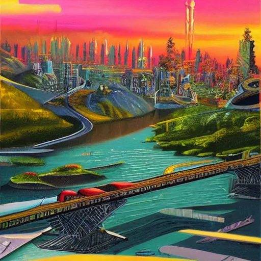 Image similar to Beautiful city of the distant future in harmony with nature. Nice colour scheme, soft warm colour. Beautiful painting by Lurid. (2022)