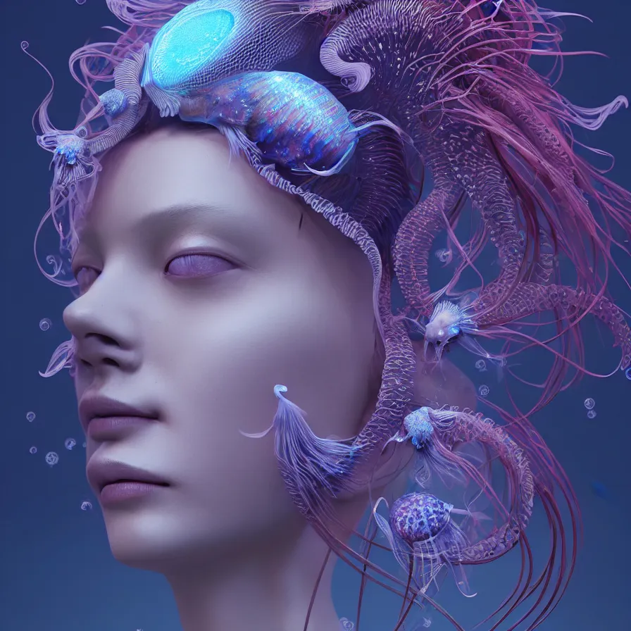 Image similar to goddess close-up portrait. orchid jellyfish phoenix head, nautilus, skull, betta fish, bioluminiscent creatures, intricate artwork by Tooth Wu and wlop and beeple. octane render, trending on artstation, greg rutkowski very coherent symmetrical artwork. cinematic, hyper realism, high detail, octane render, 8k