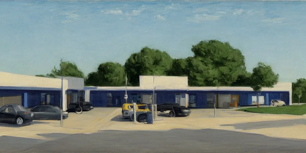 Image similar to The parking lot behind a Walmart in a North American suburban strip mall by Edward Hopper