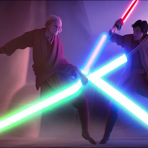 Image similar to Jedi duelling, 4k, cinematic, realistic, vaporwave