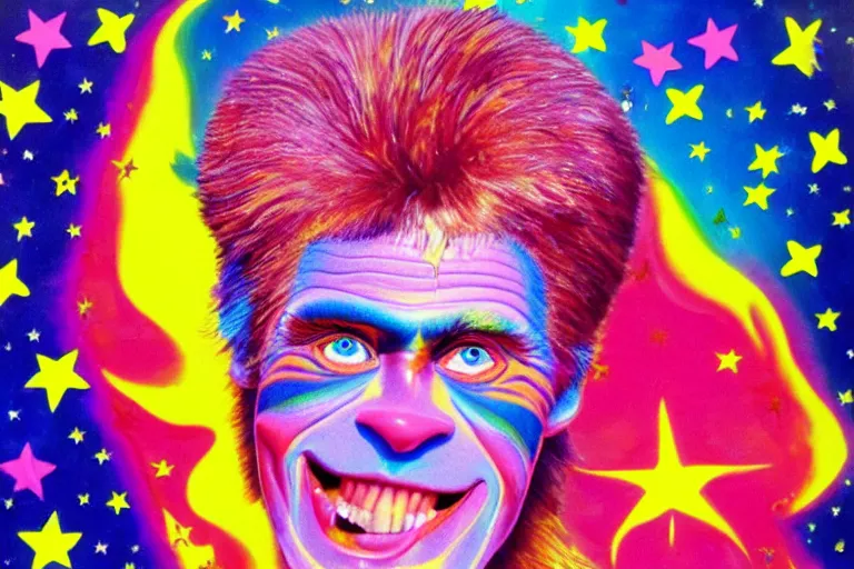 Prompt: lisa frank painting of willem dafoe at showbiz pizza 1 9 8 9