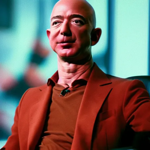 Image similar to Jeff Bezos abandoning humanity to join the singularity. CineStill