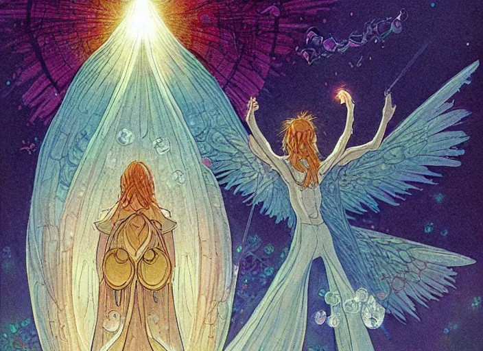 Prompt: a delicate mtg illustration by charles vess of hundreds of radiant tiny robed and winged seraphim flying out from the entrance of a huge vulva!!! - shaped sacred temple of smooth organic feminine architecture, floating in the astral plane and constructed of house - sized crystals, with the raised bulb of the vestibule revealing a glittering iridescent pearl