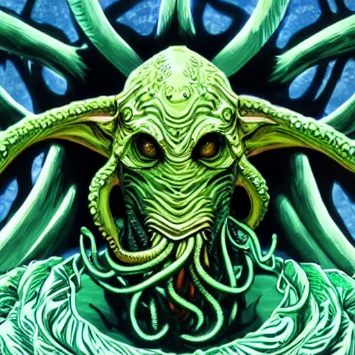 Prompt: 4 k colored headshot of godlike cthulhu with defined arms and open hands and bloody clothes with giant mandala wings, intricate face, flawless anime cel animation by kentaro miura, psychedelic, highly detailed upper body, professionally post - processed, beautiful, scary, symmetry accurate features, epic, octane rendered, anime masterpiece, accurate