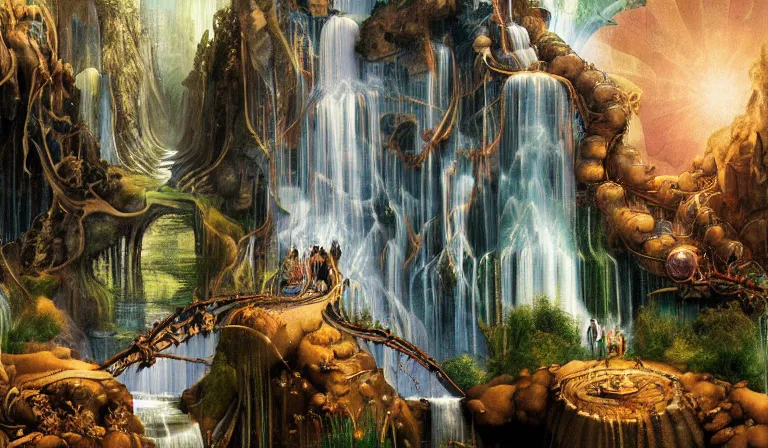 Image similar to innovative waterfall the ancient gods fantasycore landscape, Precise and Intricate Linework, Art Nouveau Cosmic 4k Detailed Matte Illustration trending on Flickr ,CGSociety, Crimson and Ecru color scheme, Pastiche by Albrecht Dürer, Pastiche by Don Maitz