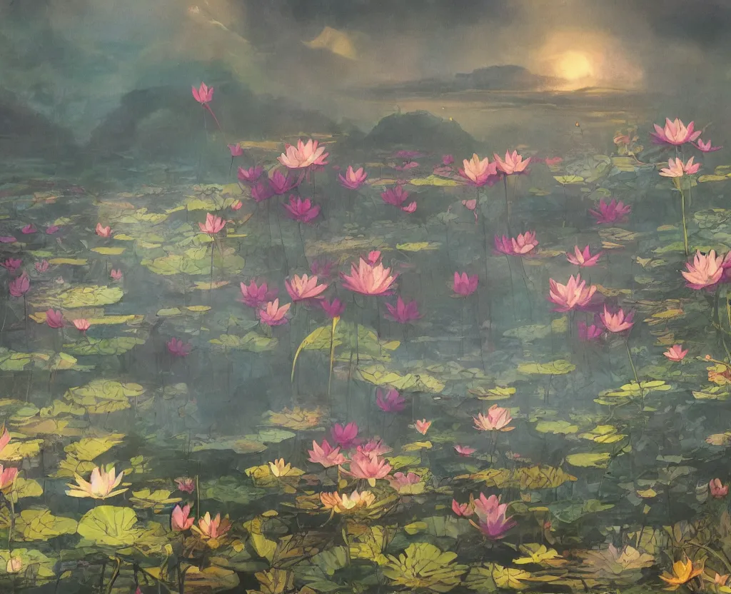 Image similar to a landscape pastel in the style of noriyoshi ohrai of a field of lotus flowers, glowing with iridescent mana, night time early dawn. key art. 4 k retrofuturistic fantasy