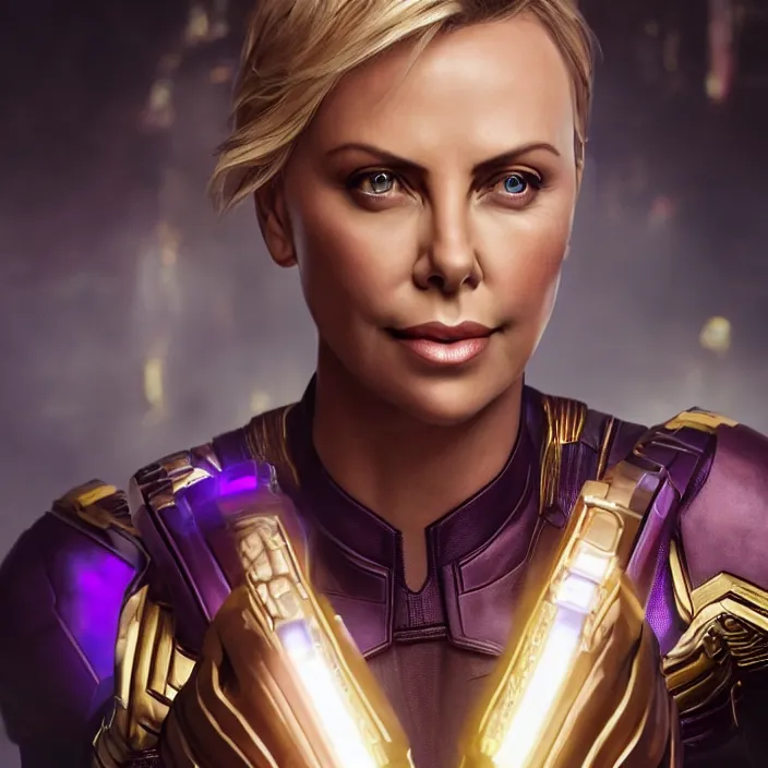 Prompt: portrait of (Charlize Theron), wearing The Infinity Gauntlet. intricate artwork. thanos, avengers, octane render, trending on artstation, very coherent symmetrical artwork. avengers. thanos. cinematic, hyper realism, high detail, octane render, infinity stones, 8k, iridescent accents