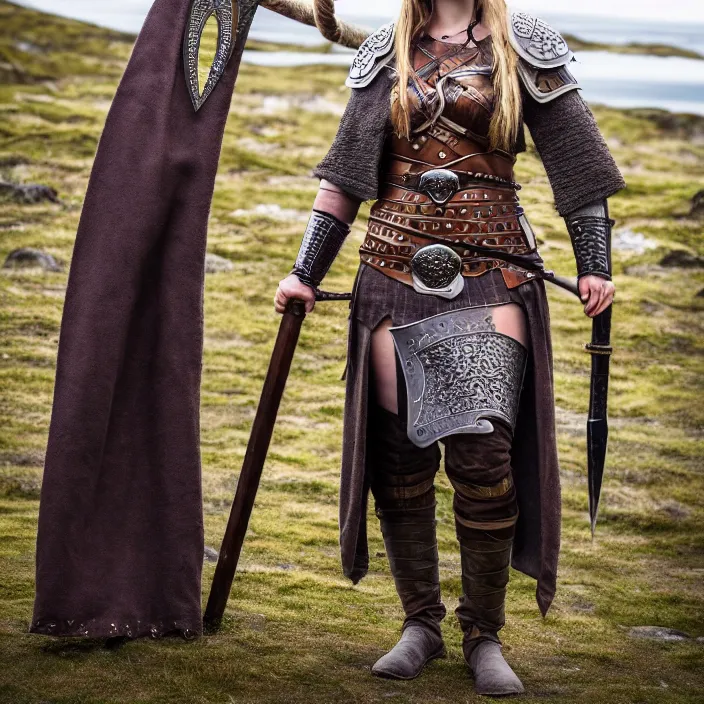 Image similar to full length photograph of a real-life beautiful female viking with intricate cloak and armour, Extremely detailed. 8k