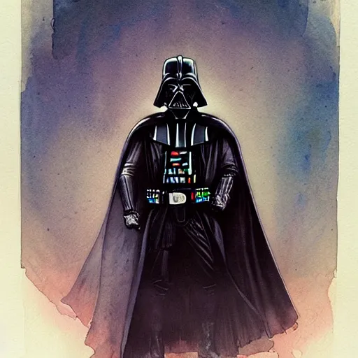 Image similar to a beautifull intricate watercolour painting of darth vader, reflexions, verry high details by william turner art, greg rutkowski and alphonse mucha, trending on artstation, very very detailed, masterpiece, muted colors