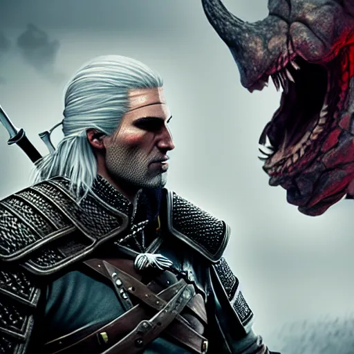 Image similar to Geralt slaying monster, 4k, artstation, cgsociety, award-winning, masterpiece, stunning, beautiful, glorious, powerful, fantasy art