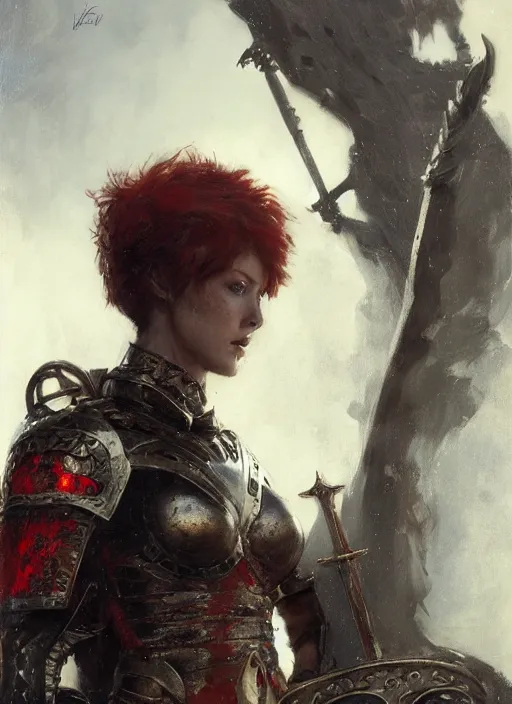 Image similar to red short haired muscular woman wearing basic black medieval armour, detailed by gaston bussiere, bayard wu, greg rutkowski, giger, maxim verehin, greg rutkowski, masterpiece, sharp focus, cinematic lightning