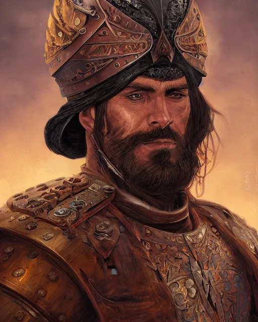 Image similar to digital painting of an angry spanish conquistador by filipe pagliuso and justin gerard, symmetric, detailed, intricate, portrait, digital painting, sharp focus, tarot card