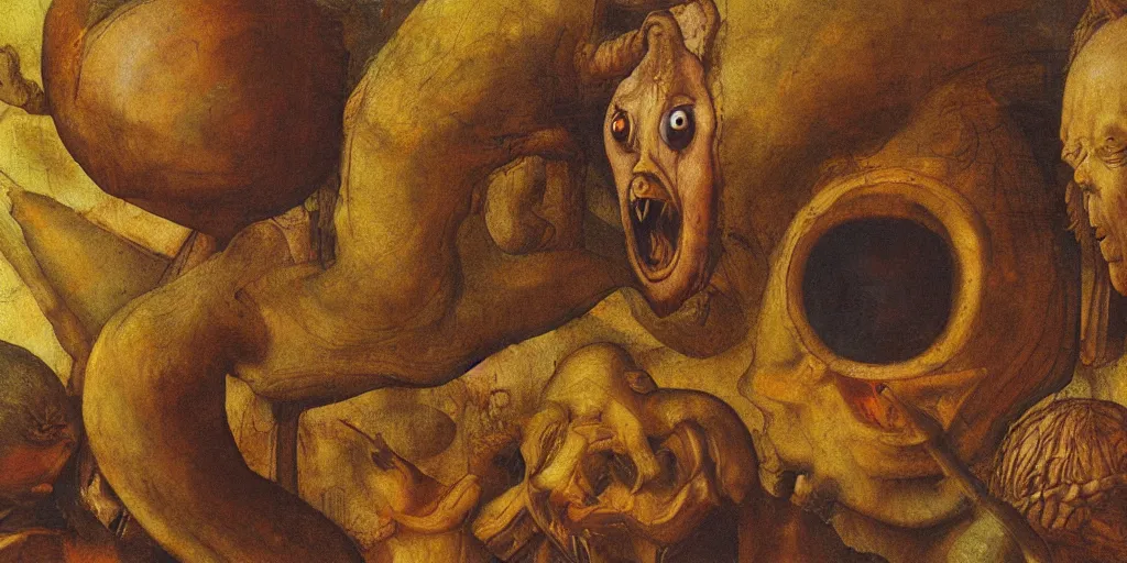 Prompt: highly surreal alien feast by leonardo da vinci, vibrant oil painting, 3 5 mm film grain