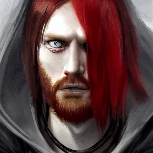 Prompt: Shanks with red hair parted in the middle in a surfer's cut, straight hair. His left eye has three diagonal wounds, but the eye is open. He wears a black cloak with a collar. painted fantasy character portrait, head shot, concept art, sharp focus, highly detailed, illustration, trending on artstation, art by greg rutkowski