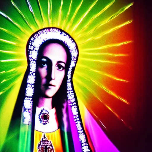 Prompt: portrait photo of virgin mary as a gorgeous raver girl, symmetrical composition, taken with leica 0-series no. 105